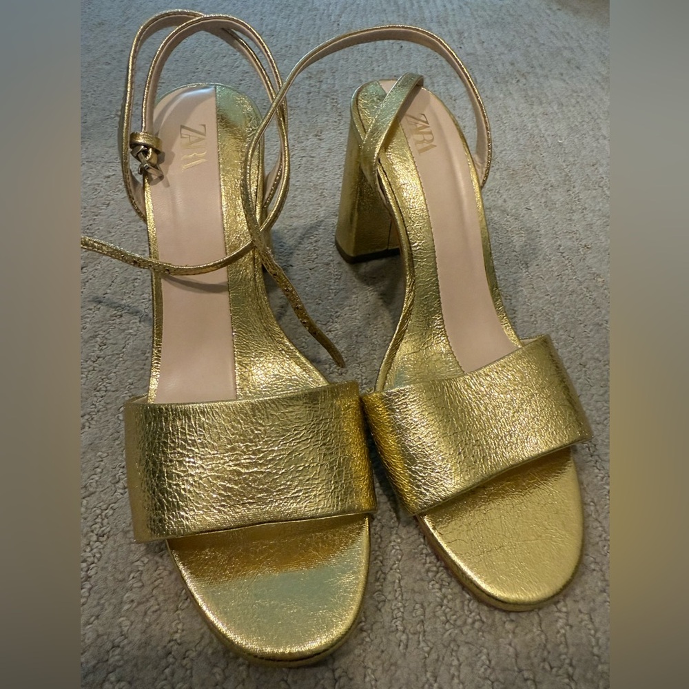 Zara Metallic Gold Block Heel Sandals